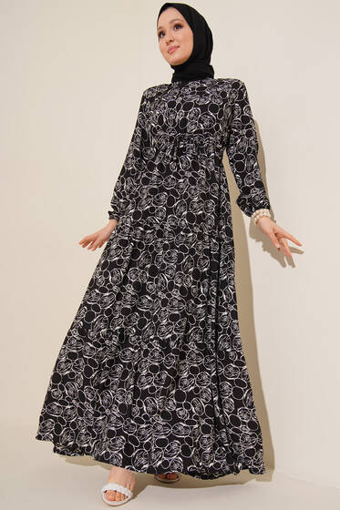 Etnik Desenli Tünelli İp Bağlamalı Elbise Siyah - Tesettür Elbise