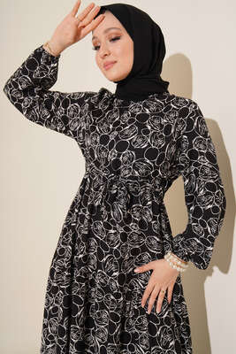 Etnik Desenli Tünelli İp Bağlamalı Elbise Siyah - Tesettür Elbise