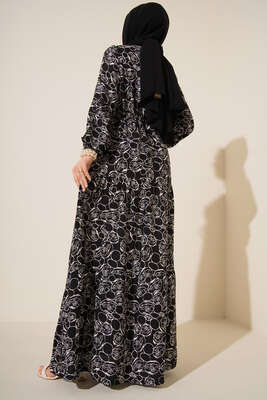 Etnik Desenli Tünelli İp Bağlamalı Elbise Siyah - Tesettür Elbise