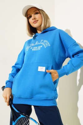 Health Nakışlı Üç İplik Sweatshirt Saks - Kadın Giyim Modelleri