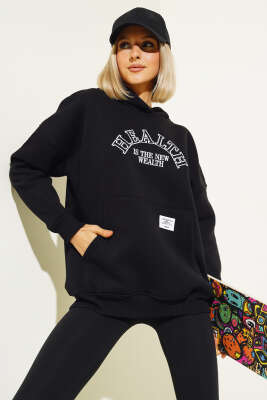 Health Nakışlı Üç İplik Sweatshirt Siyah 