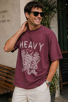 Heavy Baskılı Erkek Oversize T-shirt Bordo - Erkek T-shirt