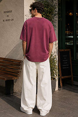 Heavy Baskılı Erkek Oversize T-shirt Bordo - Erkek T-shirt