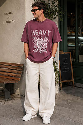 Heavy Baskılı Erkek Oversize T-shirt Bordo - Erkek T-shirt