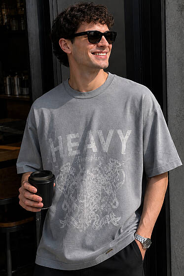 Heavy Baskılı Erkek Oversize T-shirt Duman Gri - Erkek T-shirt