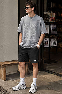 Heavy Baskılı Erkek Oversize T-shirt Duman Gri - Erkek T-shirt