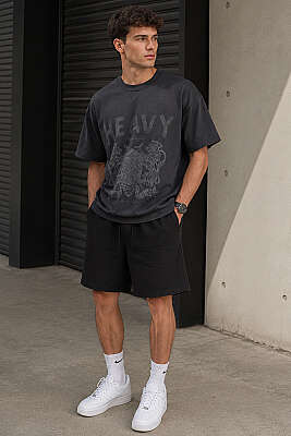 Heavy Baskılı Erkek Oversize T-shirt Siyah - Erkek T-shirt