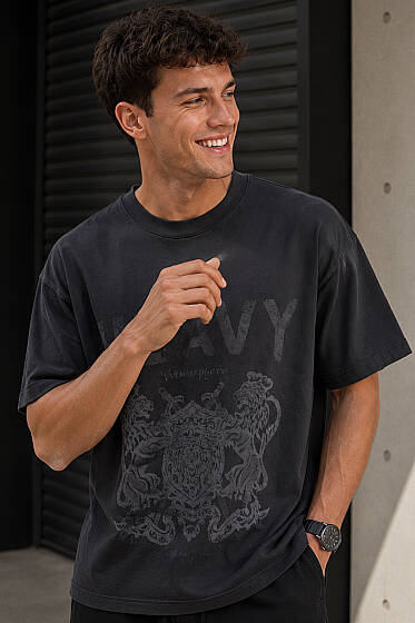 Heavy Baskılı Erkek Oversize T-shirt Siyah - Erkek T-shirt