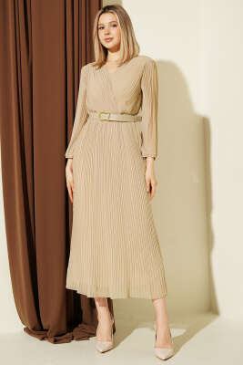 Kemerli Kruvaze Yaka Pileli Midi Elbise Bej - HELLIE