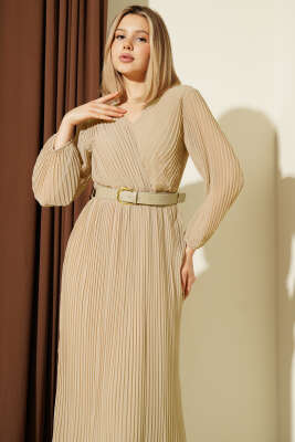 Kemerli Kruvaze Yaka Pileli Midi Elbise Bej - Kadın Giyim Modelleri