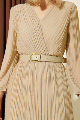 Kemerli Kruvaze Yaka Pileli Midi Elbise Bej - Kadın Giyim Modelleri