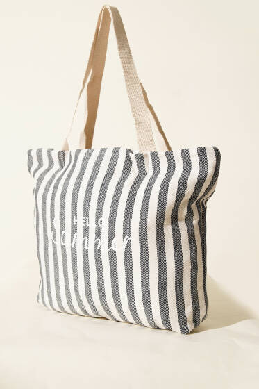 Hello Summer Baskılı Fermuarlı Plaj Çantası Lacivert - Kol Çantası