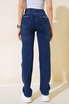 Lazerli Kot Pantolon Mavi - Kadın Giyim Modelleri