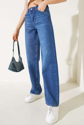 Taşlı Palazzo Kot Pantolon Kot - Kadın Giyim Modelleri