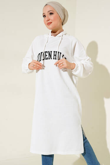 Hiiden Hills Kapüşonlu Uzun Tunik Beyaz - Tunik