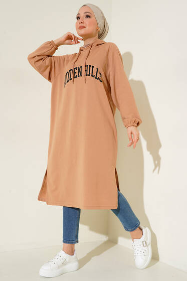 Hiiden Hills Kapüşonlu Uzun Tunik Camel - Tunik