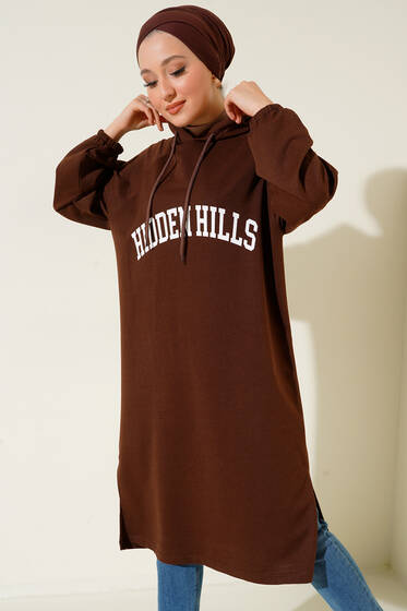 Hiiden Hills Kapüşonlu Uzun Tunik Kahve - Tunik