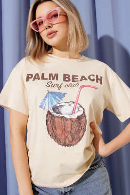 Hindistan Cevizi Baskılı T-shirt Bej - QUZU