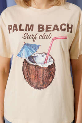 Hindistan Cevizi Baskılı T-shirt Bej - Kadın Giyim Modelleri