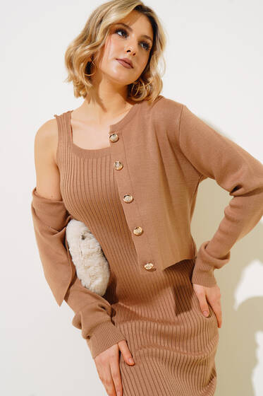 Hırkalı Triko İkili Takım Camel - Kadın Giyim Modelleri