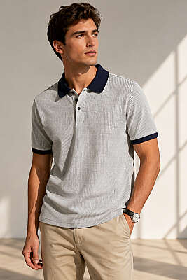 Polo Yaka Dikey Çizgili Erkek T-shirt Beyaz - HİT TİME