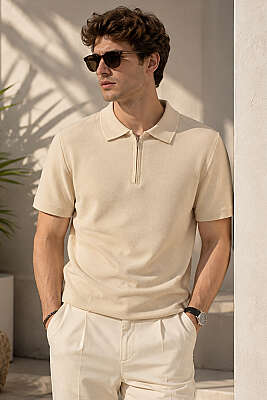 Polo Yaka Basic Fermuarlı T-shirt Bej 