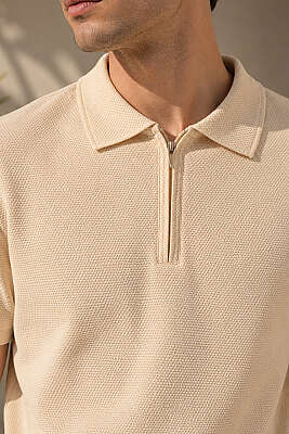 Polo Yaka Basic Fermuarlı T-shirt Bej - Erkek T-shirt