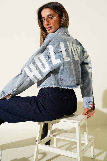 Hollywood Baskılı Crop Ceket Kot Mavisi - Kadın Giyim Modelleri
