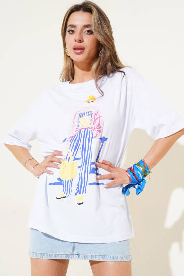 Horizons Ön ve Arka Baskılı T-Shirt Beyaz - Kadın Giyim Modelleri