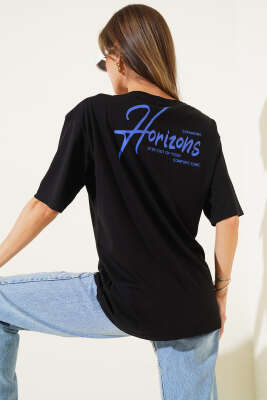 Horizons Ön ve Arka Baskılı T-Shirt Siyah - Kadın Giyim Modelleri