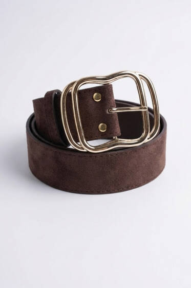 İç İçe Gold Tokalı Kemer Kahve Süet - Süet Kemer