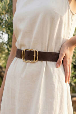 İç İçe Gold Tokalı Kemer Kahve Süet - Süet Kemer