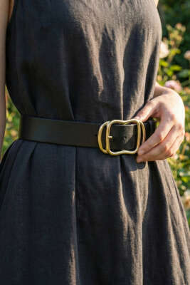 İç İçe Gold Tokalı Kemer Siyah - Deri Kemer