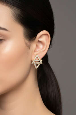 İç İçe Üçgen Taşlı Küpe Gold - KONYALI BİJUTERİ