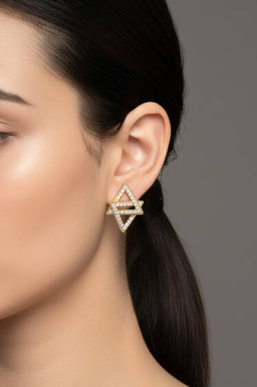 İç İçe Üçgen Taşlı Küpe Gold - Küpe