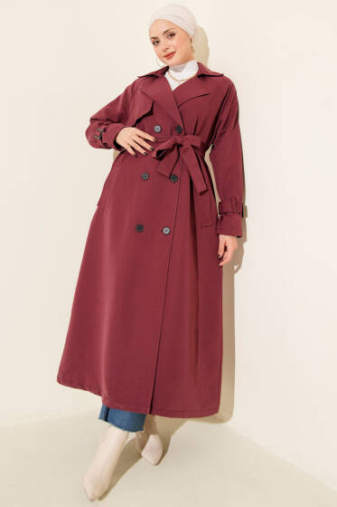 İçi Astarlı Kuşaklı Trençkot Bordo - Trençkot
