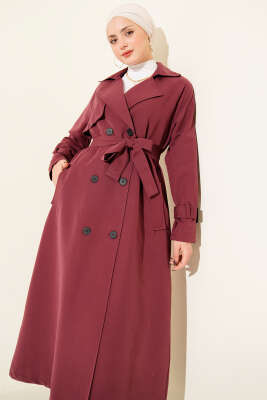 İçi Astarlı Kuşaklı Trençkot Bordo - Trençkot