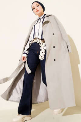 İçi Astarlı Kuşaklı Trençkot Gri - BERAT TEKSTİL