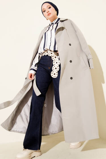 İçi Astarlı Kuşaklı Trençkot Gri - Trençkot