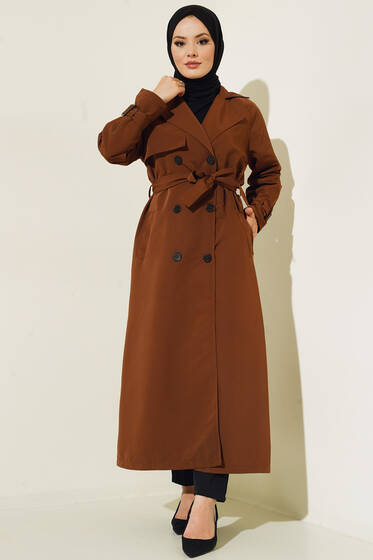 İçi Astarlı Kuşaklı Trençkot Kahve - Trençkot