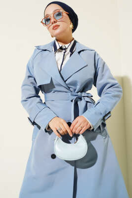 İçi Astarlı Kuşaklı Trençkot Mavi - Trençkot