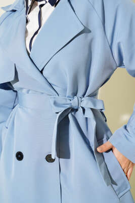 İçi Astarlı Kuşaklı Trençkot Mavi - Trençkot