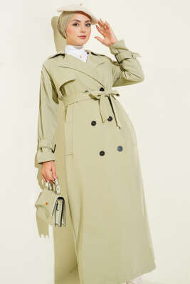 İçi Astarlı Kuşaklı Trençkot Su Yeşili - Trençkot