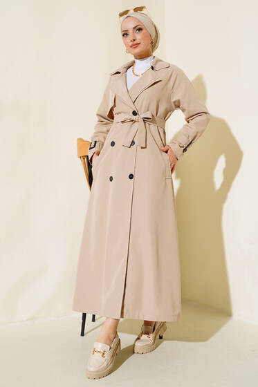 İçi Astarlı Kuşaklı Trençkot Taş - Trençkot