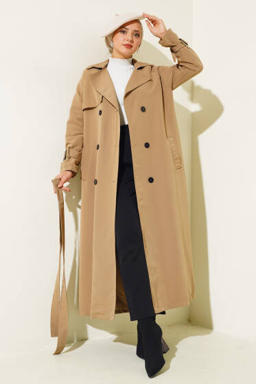 İçi Astarlı Kuşaklı Trençkot Vizon - Trençkot