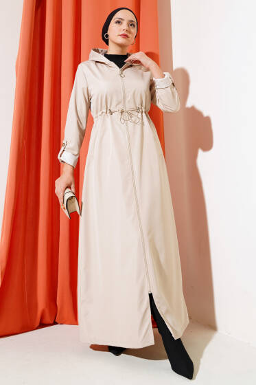 İçi Çizgili Bel Tünelli Trençkot Bej - Trençkot