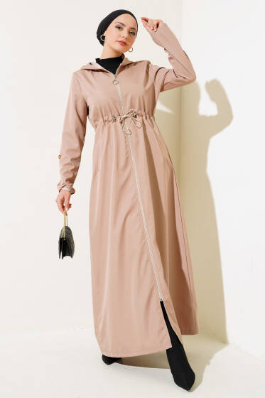 İçi Çizgili Bel Tünelli Trençkot Latte - Trençkot