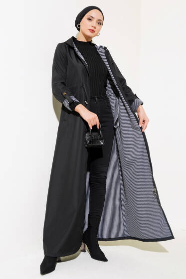 İçi Çizgili Bel Tünelli Trençkot Siyah - Trençkot