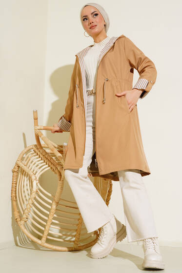 İçi Çizgili Trençkot Latte - Trençkot