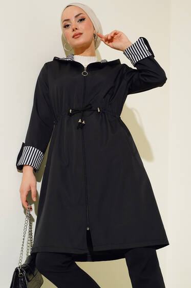 İçi Çizgili Trençkot Siyah - Trençkot